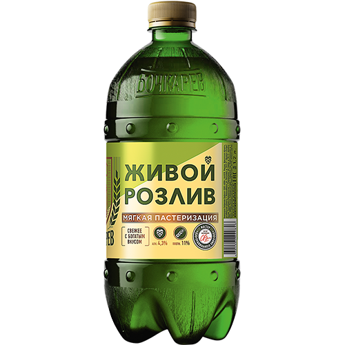ПИВО БОЧКАРЕВ ЖИВОЙ РОЗЛИВ ПАСТЕРИЗОВ. СВЕТЛОЕ АЛК. 4,3 % 0,95 Л ПЭТ ОПХ РОССИЯ