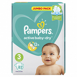 Подгузники Pampers Active Baby-Dry 6–10 кг, размер 3, 82 шт
